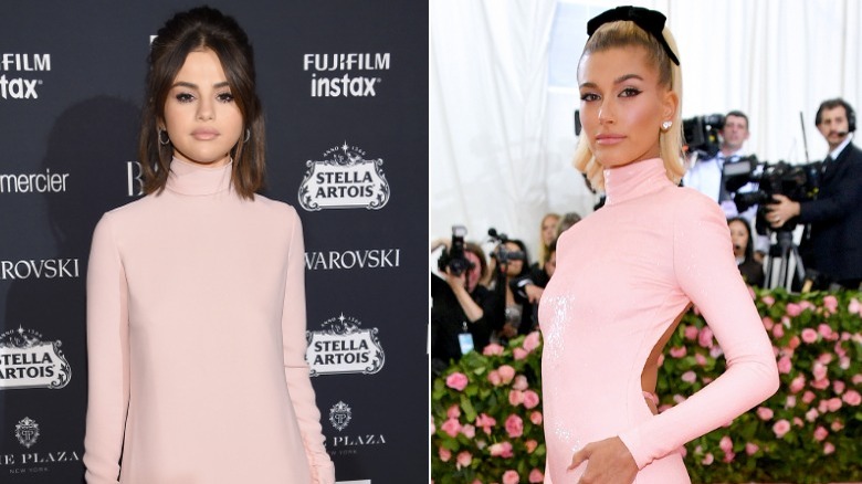 Side-by-side pictures of Selena Gomez and Hailey Bieber posing 