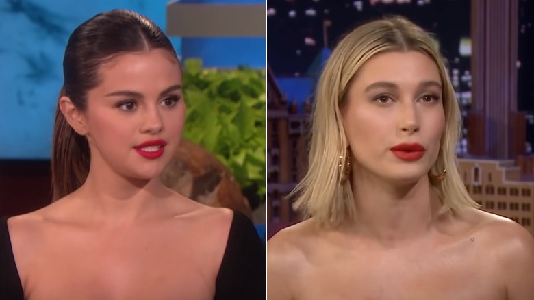 Side-by-side pictures of Selena Gomez and Hailey Bieber talking in interviews