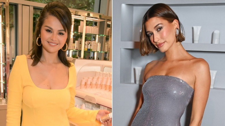 Side-by-side pictures of Selena Gomez and Hailey Bieber smiling