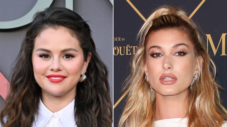 Side-by-side pictures of Selena Gomez and Hailey Bieber posing 
