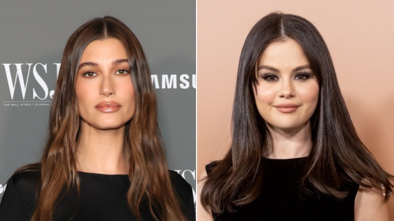 Side-by-side pictures of Hailey Bieber and Selena Gomez posing