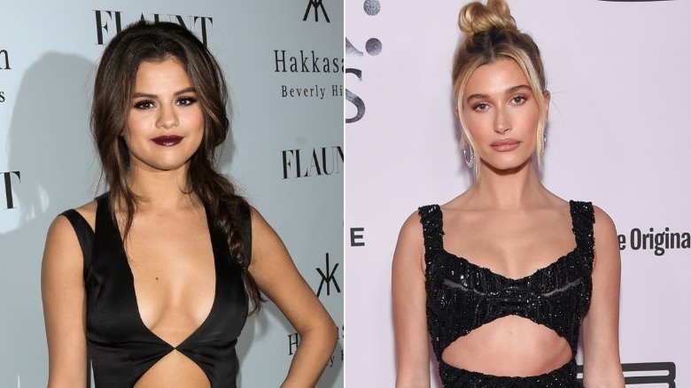 Side-by-side pictures of Selena Gomez and Hailey Bieber posing