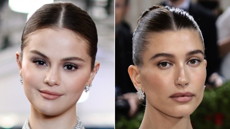 Side-by-side pictures of Selena Gomez and Hailey Bieber posing