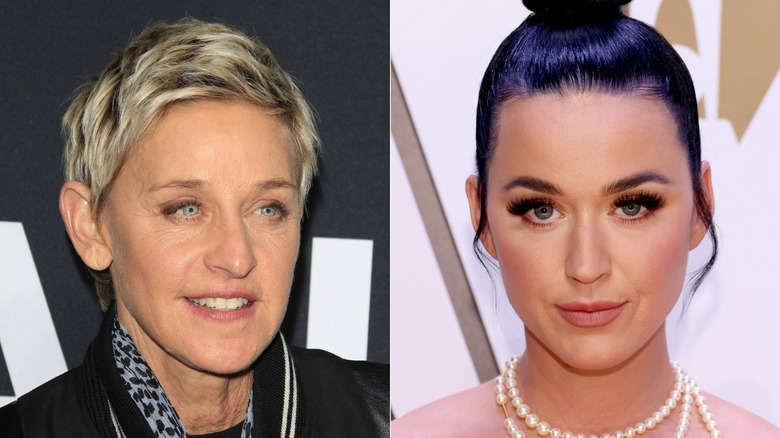 Ellen DeGeneres smiling and Katy Perry smiling