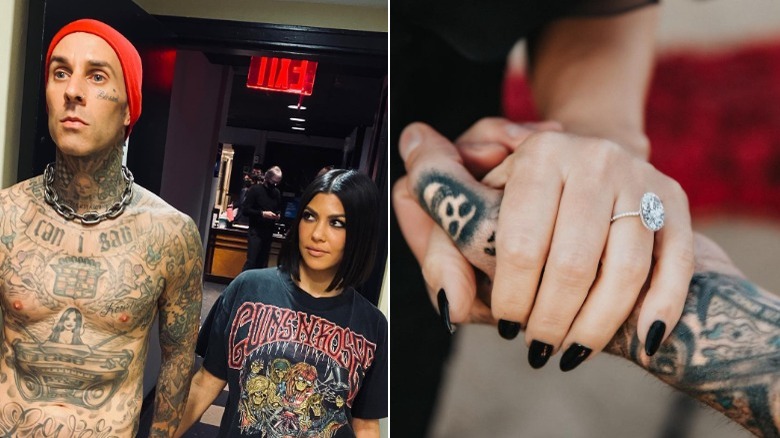 Travis Barker and Kourtney Kardashian walking, ring