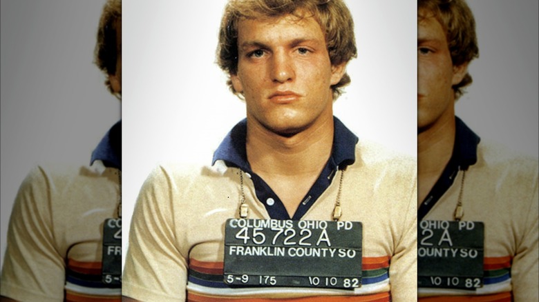 Woody Harrelson frowning in mugshot