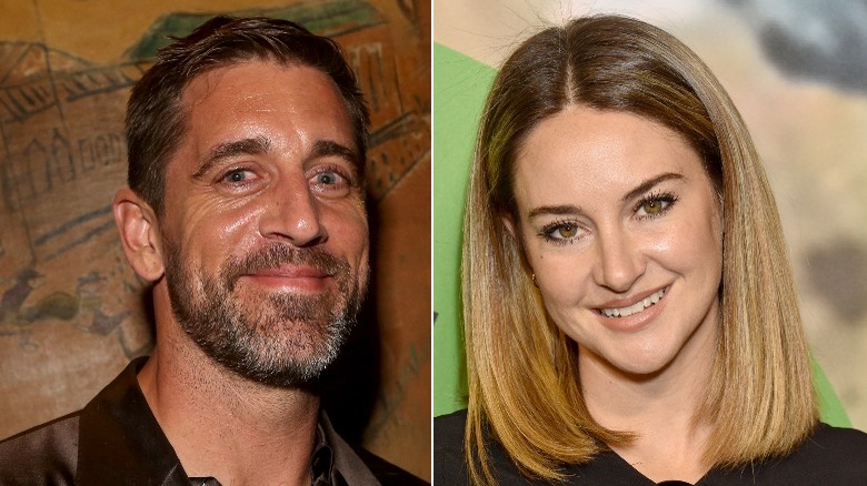 Shailene Woodley and Aaron Rodgers smiling in split photos