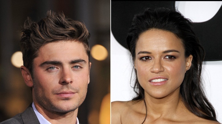 Zac Efron and Michelle Rodriguez smiling in split screen photos