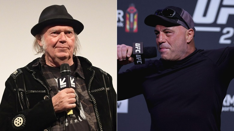 Neil Young at press conference, Joe Rogan speaking