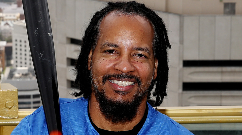 Manny Ramirez holding bat smiling