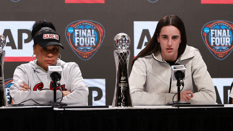 Dawn Staley and Caitlin Clark during press conference