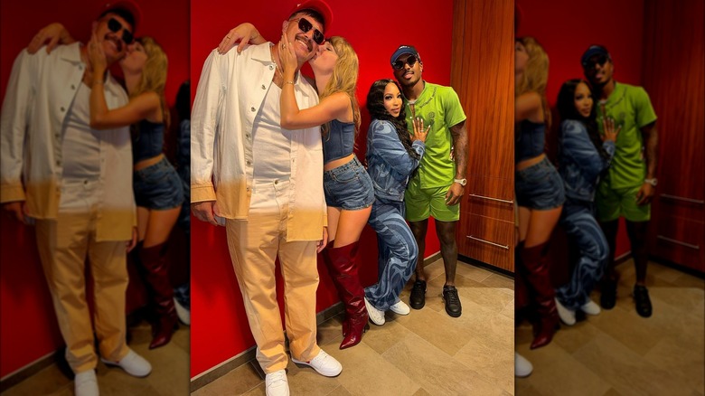 Taylor Swift kissing Travis Kelce beside Chariah Gordon, Mecole Hardman Jr.