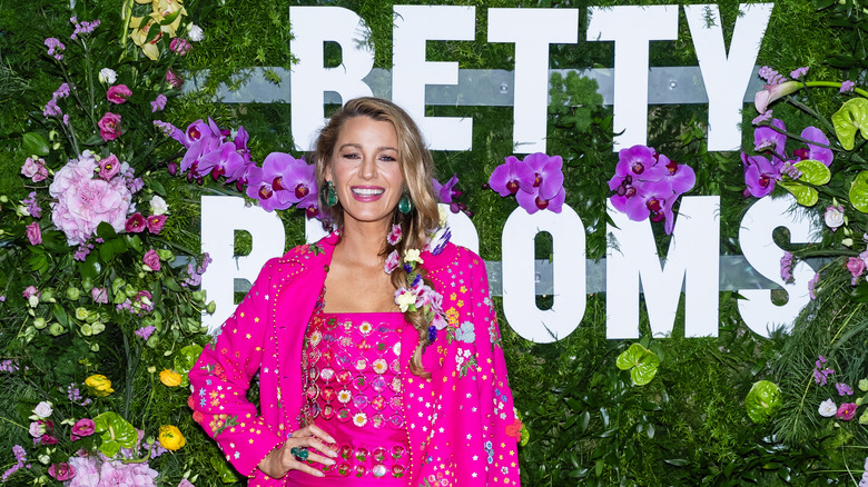 Blake Lively pink outfit floral wall