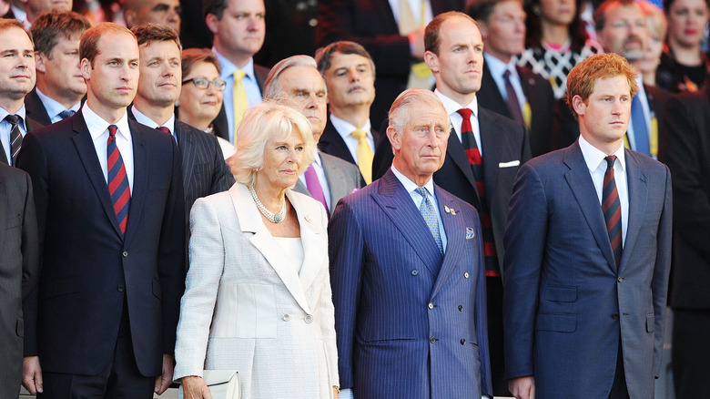 Prince William, Queen Camilla, King Charles, Prince Harry posing