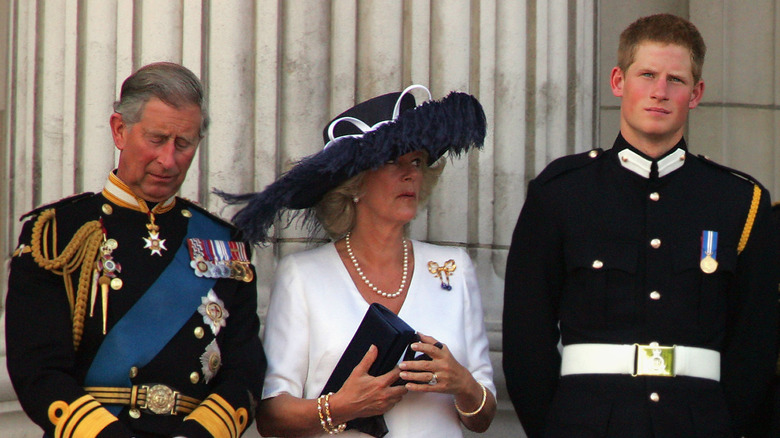 King Charles, Queen Camilla, Prince Harry standing