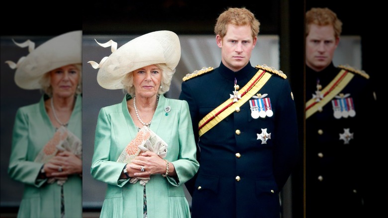 Queen Camilla and Prince Harry standing