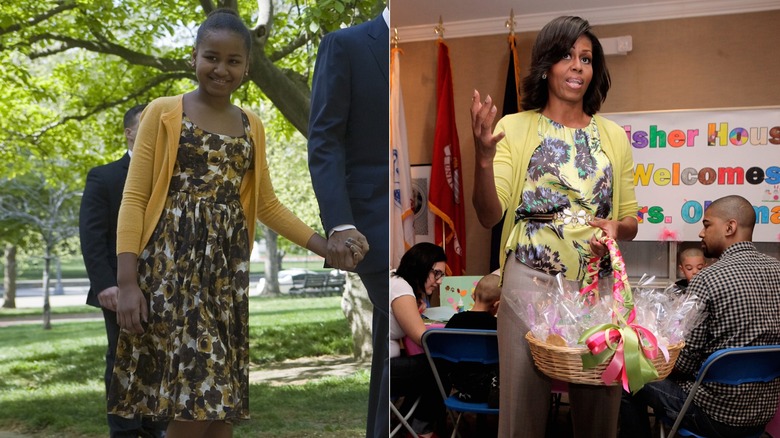 Sasha, Michelle Obama wearing yellow cardigans