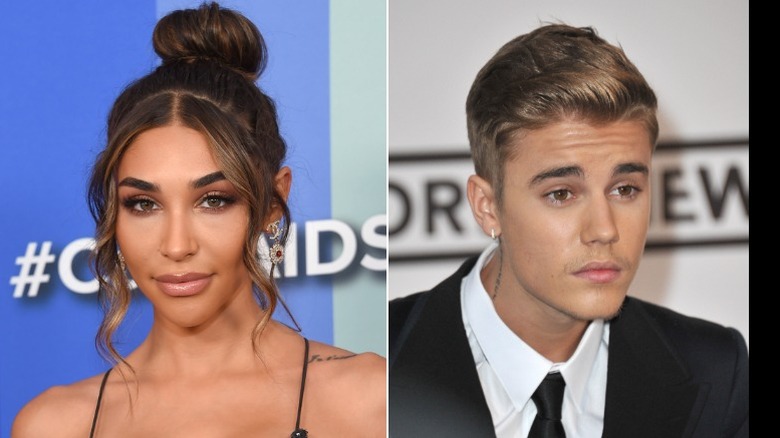 Chantel Jeffries smiling, Justin Bieber in suit