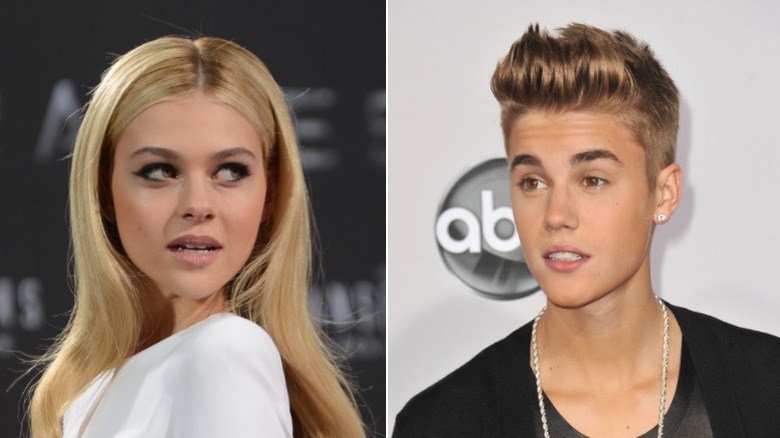 Nicola Peltz staring, Justin Bieber smiling