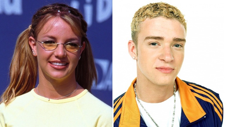 Britney Spears and Justin Timberlake side by side (split image), both smiling