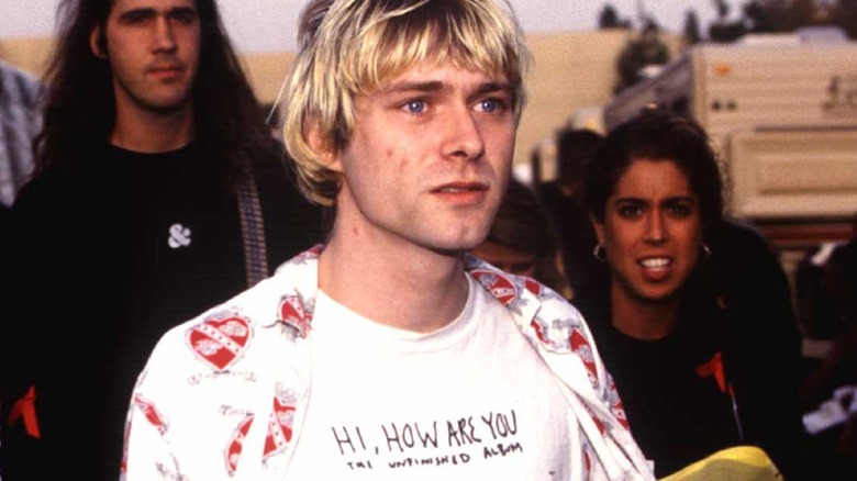 Kurt Cobain looking sad in Daniel Johnston tshirt