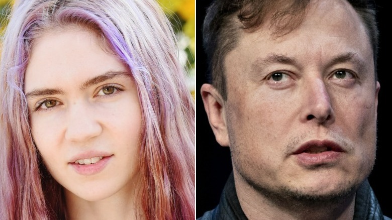 Grimes with violet hair, Elon Musk speaking