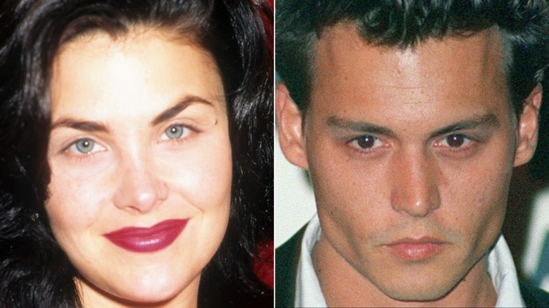 Sherilyn Fenn smiling, Johnny Depp posing