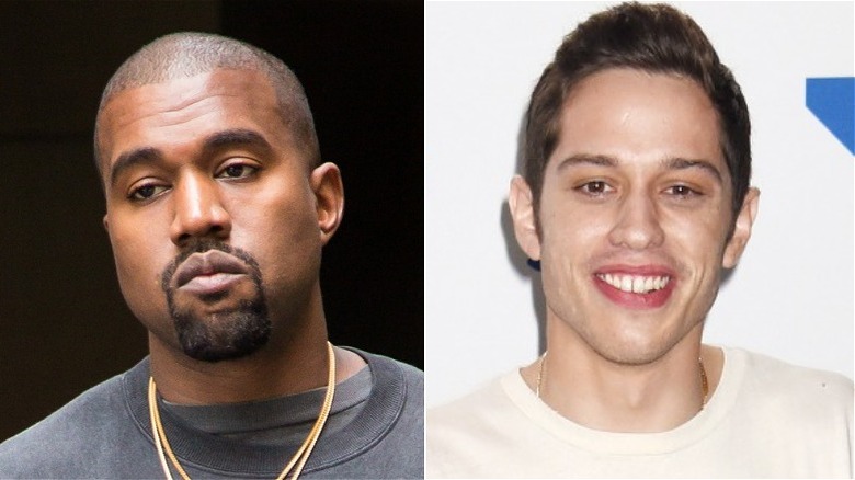 Ye West looking angry; Pete Davidson smiling