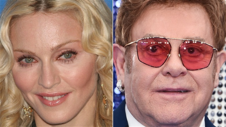 Madonna smiling, Elton John in red Gucci glasses