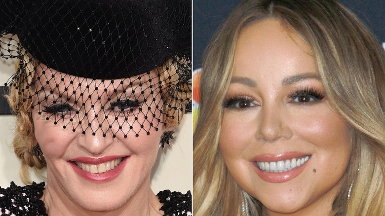 Madonna smiling under veil, Mariah Carey smiling