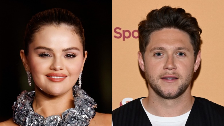 Split image o fSelena Gomez and Niall Horan in close-up