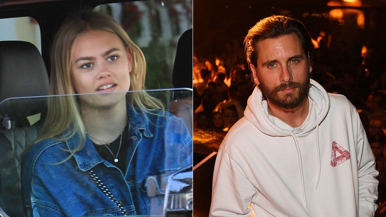 Side by side of Bella Banos sitting in car and Scott Disick posing