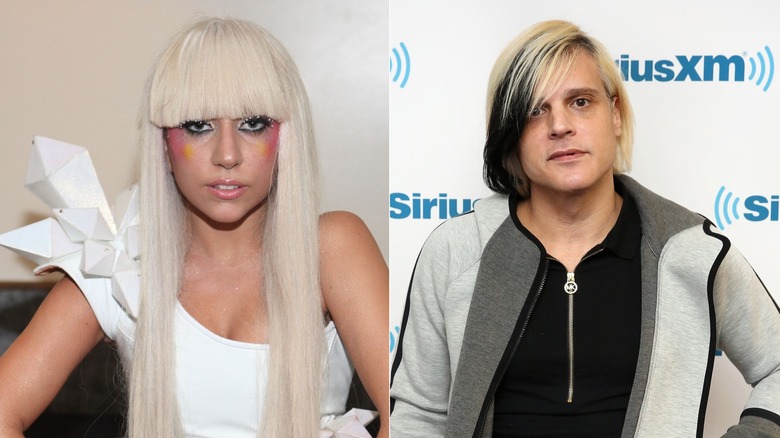 Lady Gaga, left, in a white asymmetrical leotard and Rob Fusari in a grey and white jacket and black top, right