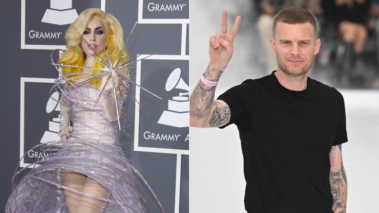 Lady Gaga in a glittery ringed star ensemble, left, and Matthew "Dada" Williams in a black t-shirt showing the peace sign, right