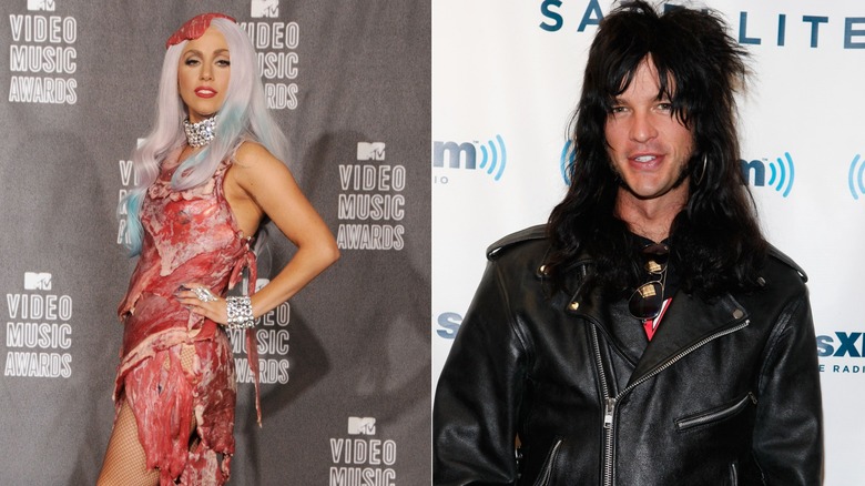 Lady Gaga wearing a meat dress and head piece, left, and Luc Carl wearing a black leather jacket, right