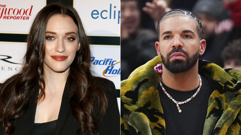 Split image of Kat Dennings, left, and Drake, right