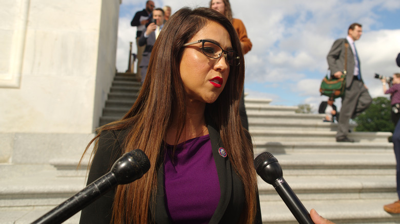 Lauren Boebert speaking to the media outside the Capitol