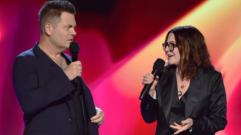 Nick Offerman and Megan Mullally on stage