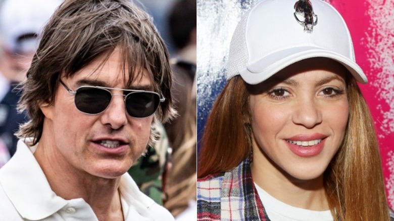 Tom Cruise wearing sunglasses, Shakira in a hat 