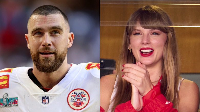 Travis Kelce looking up and smiling, Taylor Swift cheering