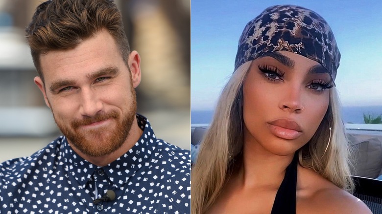 Travis Kelce tilting head, Maya Benberry selfie