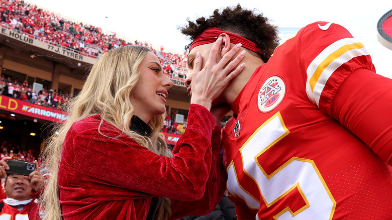 Patrick and Brittany Mahomes looking in each others' eyes