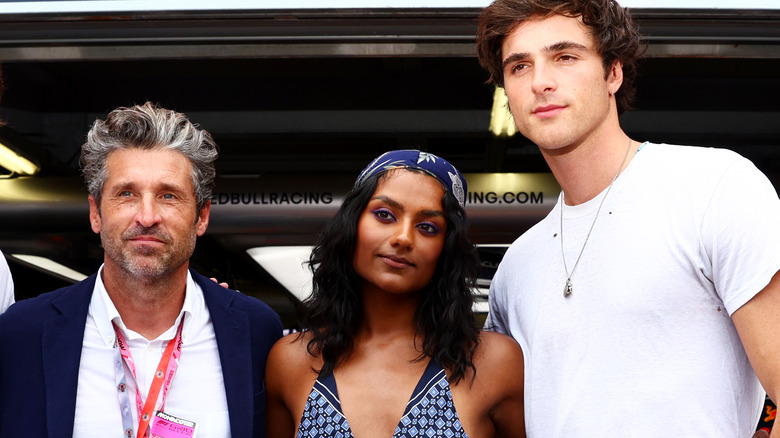 Patrick Dempsey, Simone Ashley, and Jacob Elordi pose together