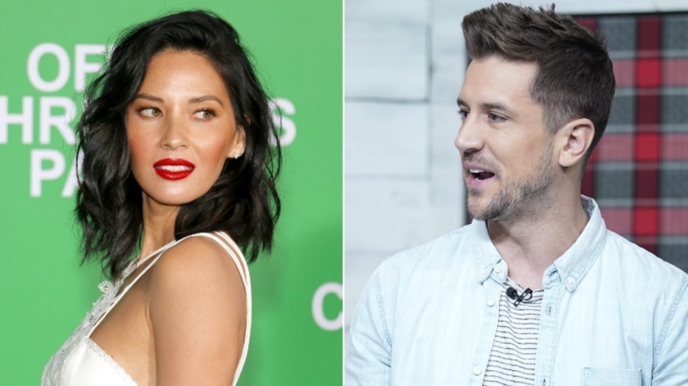 Olivia Munn looking over her shoulder (left), Jordan Rodgers looking to his right (right) 