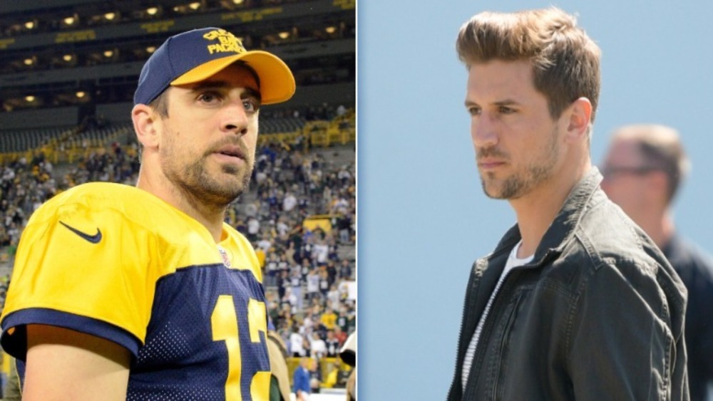 Aaron Rodgers on the field for the Green Bay Packers (left), Jordan Rodgers looking stern (right)