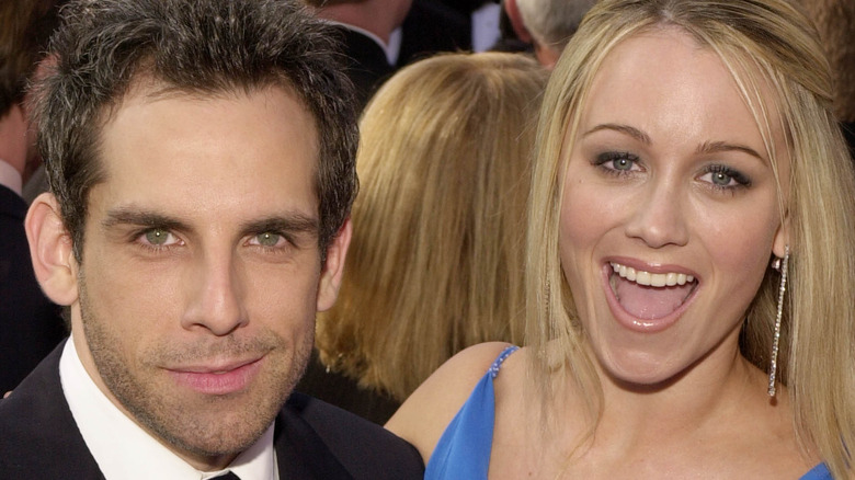 ben stiller and christine taylor having fun on red carpet