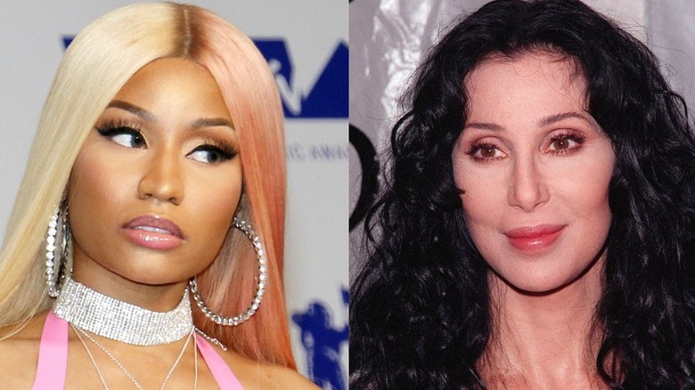 Nicki Minaj scowling (left), Cher smirking (right) 