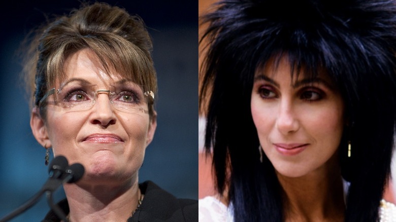 Sarah Palin smirking (left), Cher smirking (right)