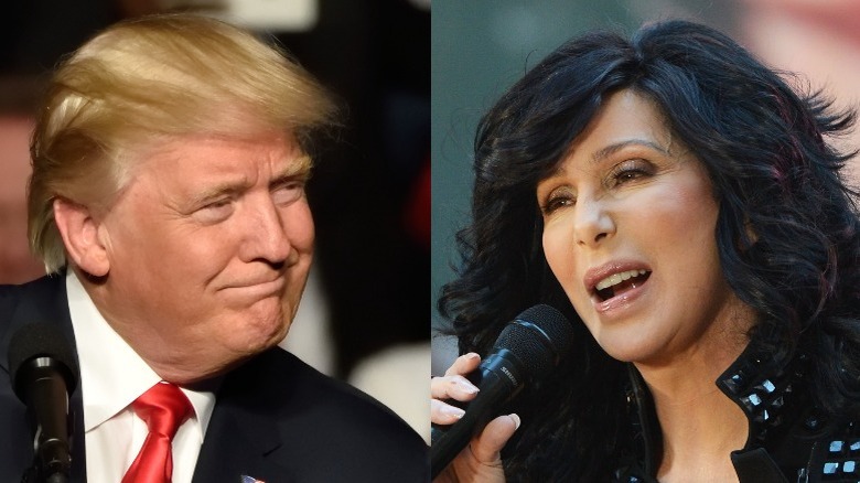 Former President Trump smirking (left), Cher singing, grimacing (right)