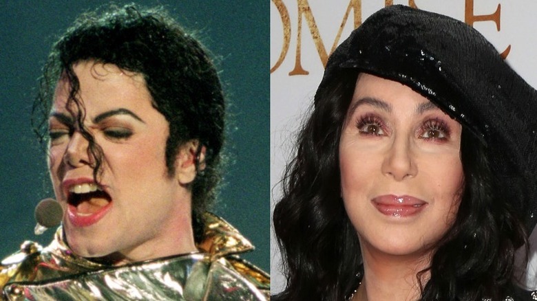 Michael Jackson performing (left), Cher smiling (right) 